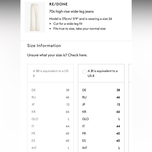 NWT $295 REDONE 70’s Ultra High Rise Wide Leg Birch white denim jeans women 32 - Picture 3 of 8